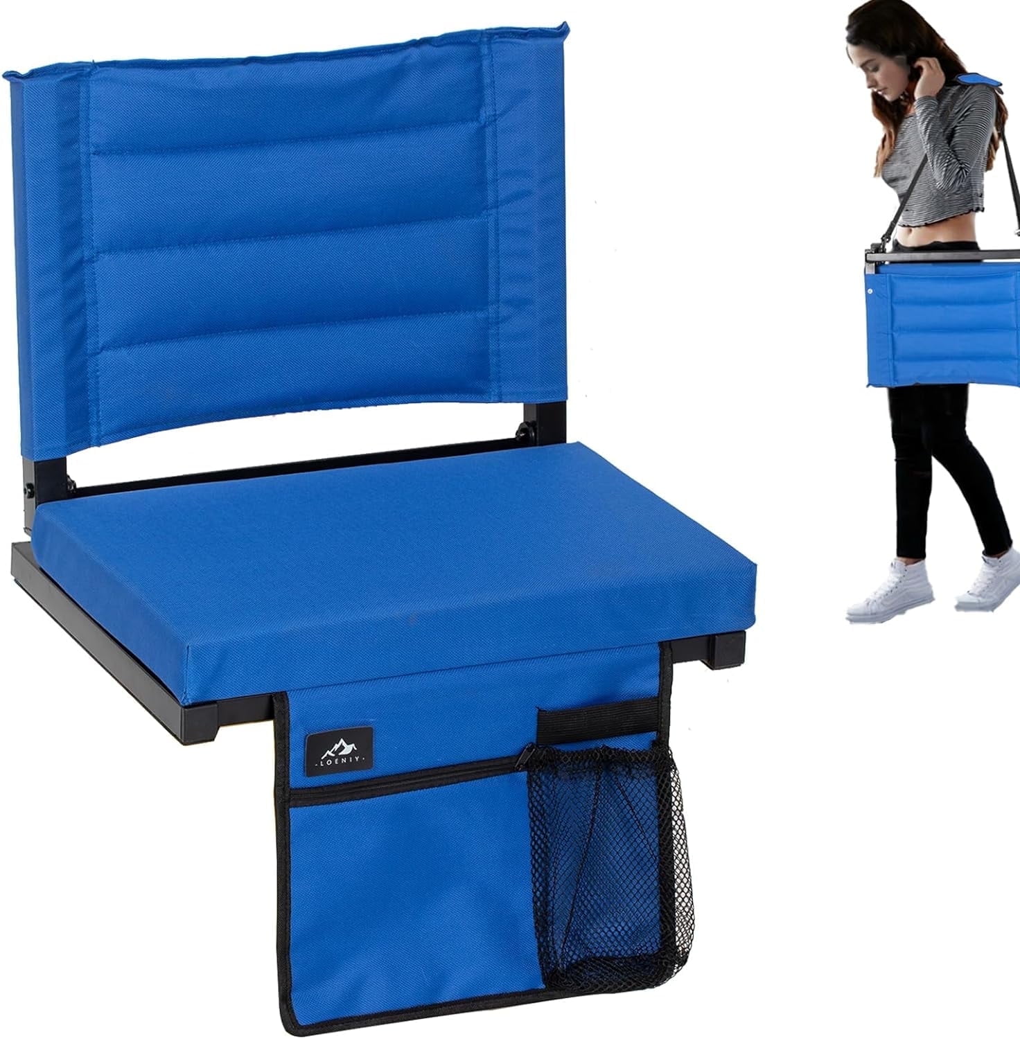 NALONE Stadium Seats for Bleachers with Back Support, Bleacher Seats with Backs and Extra Thick Padded Cushion, Includes Shoulder Straps Carry Handle, and Cup Holder Side Pockets (Blue)